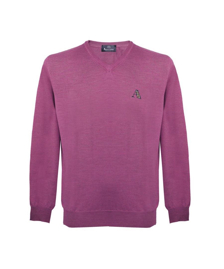 Aquascutum Mens Long Sleeved/V-Neck Knitwear Jumper with Logo in Pink