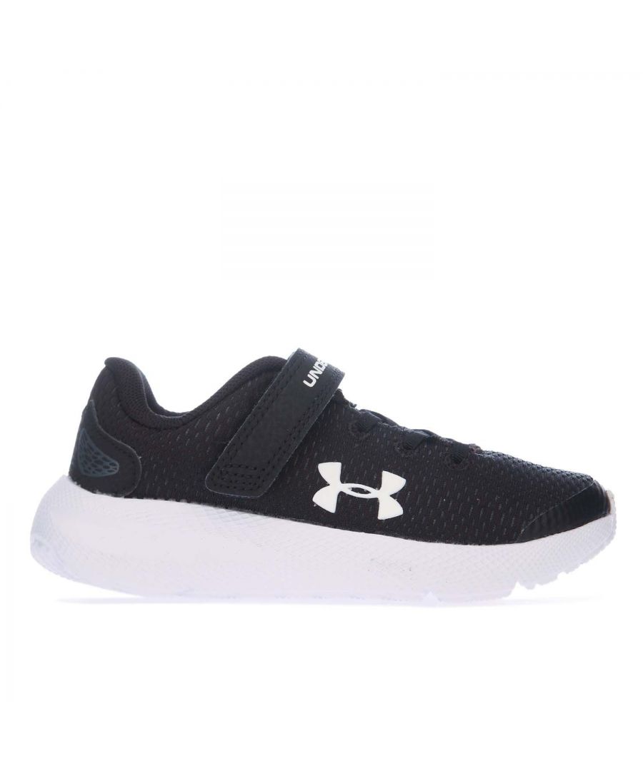 Childrens Under Armour UA Pursuit 2 AC Running Shoes in black- white.- Lightweight mesh upper delivers complete breathability.- Adjustable hook & loop strap closure for easy on & off.- Foam padding placed around your ankle collar & under the tongue for an incredibly comfortable fit & feel.- High rebound  die-cut EVA sockliner built with extended arch support.- One-piece EVA midsole turns cushioned landings into explosive takeoffs.- Tire inspired outsole pattern provides ultimate flex & superior traction.- Textile and Synthetic upper  Textile lining  Synthetic sole.- Ref: 3022861001