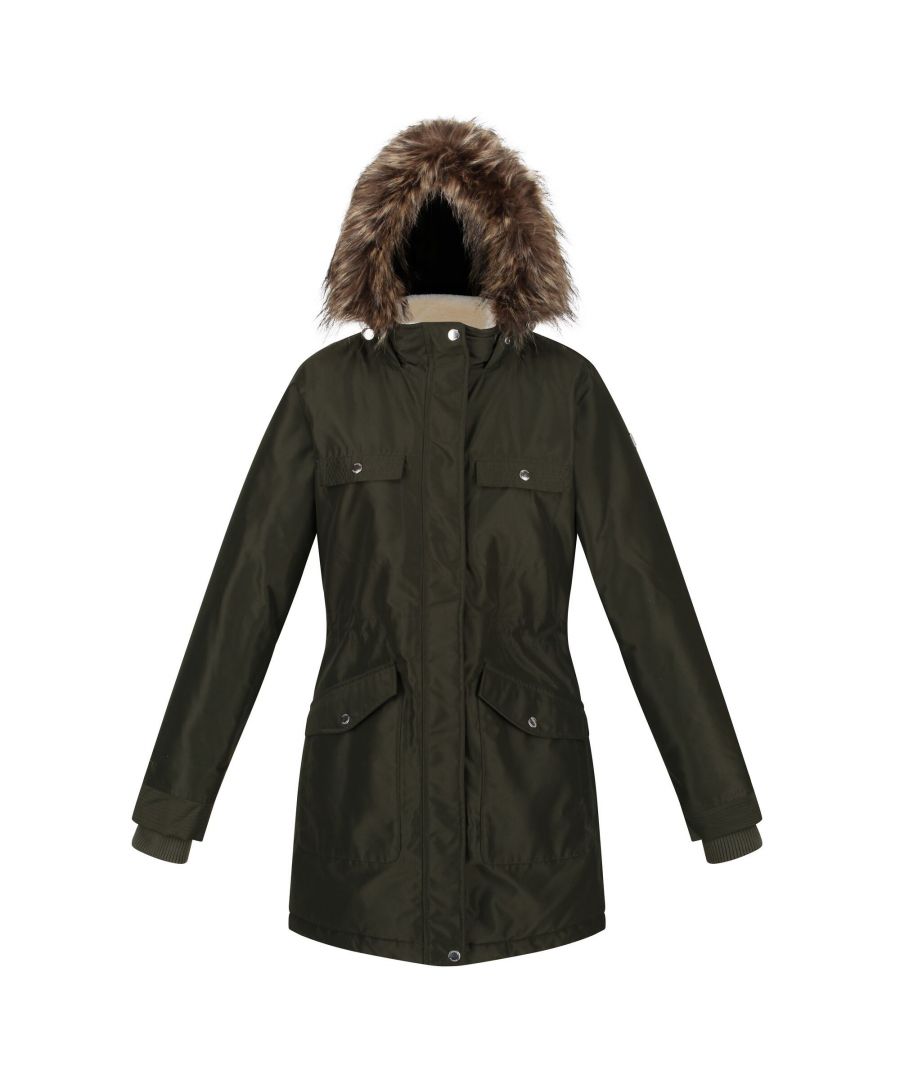 Material: 100% Polyester. Design: Plain. Adjustable Waist. Fabric Technology: Breathable, Isotex 10000, Warmloft. Cuff: Elasticated. Neckline: Hooded. Sleeve-Type: Long-Sleeved. Hood Features: Faux Fur Trim, Toggle Adjuster. Length: Longline. No. of Pockets: 6. Pockets: 2 Handwarmer Pockets, 2 Chest Pockets, 2 Front Pockets. Fastening: Full Zip, Popper.