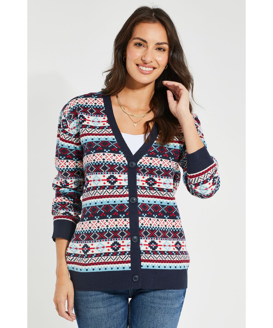 Add a little fun to your Christmas with this festive, fairisle pattern knitted cardigan from Threadbare. It features button-through fastening, relaxed drop shoulders, and ribbed cuffs and hem. Perfect to keep you cosy this Christmas. Matching mens style available.