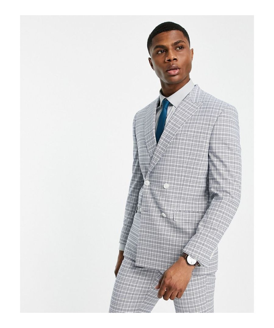 Suit jacket by Topman Do the smart thing Check design Peak lapels Padded shoulders Double-breasted style Two-button fastening Pocket details Skinny fit  Sold By: Asos