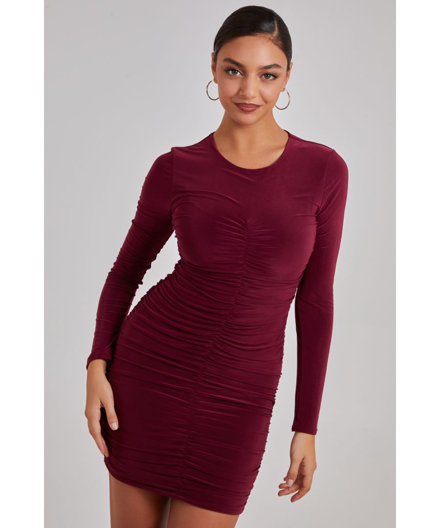 Pink Vanilla Womens Long Sleeve Ruched Dress - Wine - Size 6 UK