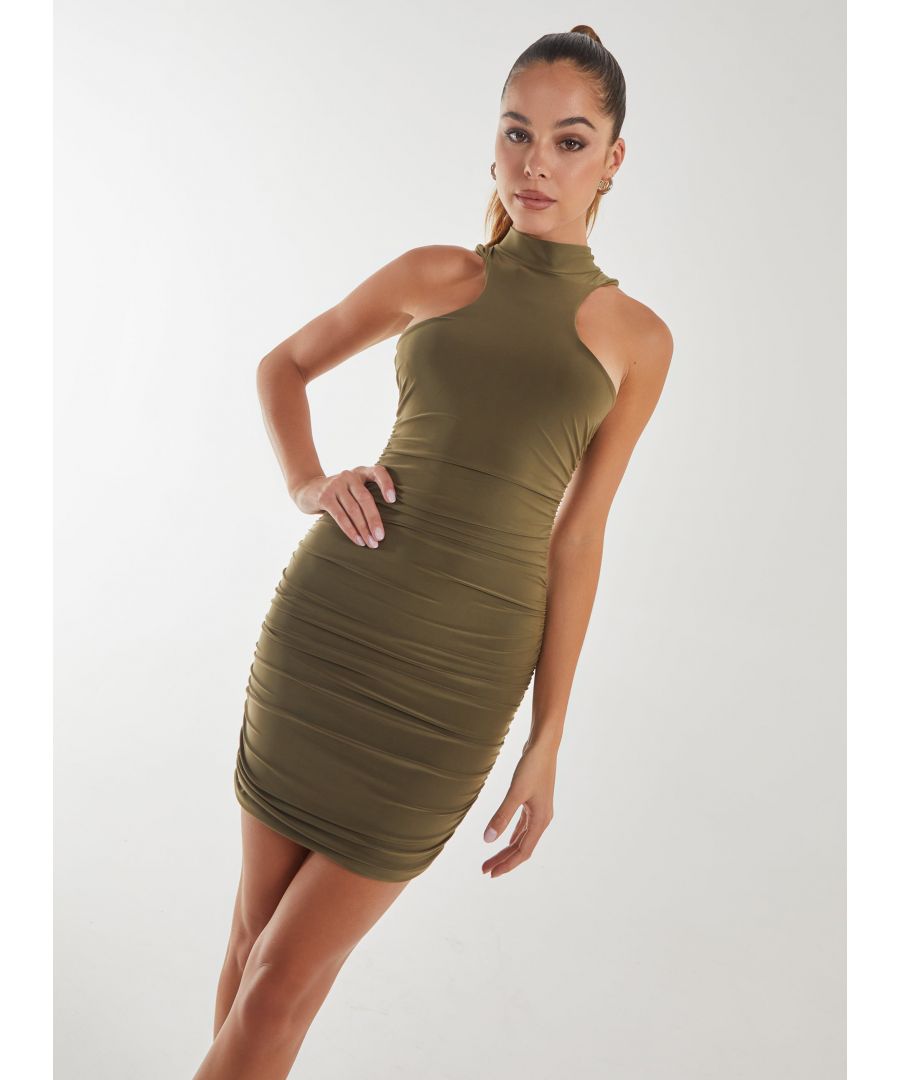 Pink Vanilla Womens Plain Scooped Racer Mini Dress - Khaki - Size 14 UK