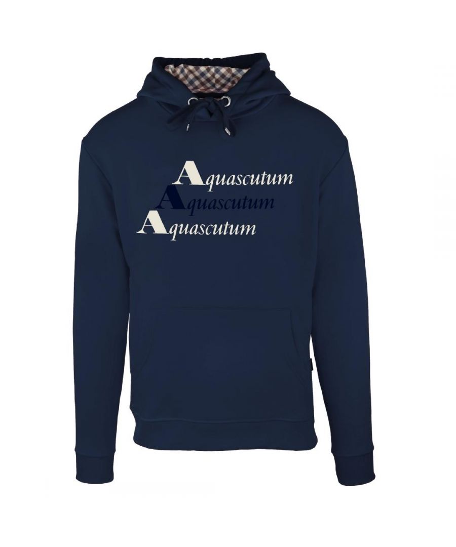 Aquascutum Triple Logo Navy Hoodie. Elasticated Sleeve Ends and Waist, Drawstring Hood. 100% Cotton Sweatshirt, Large Kangaroo Pocket. Regular Fit, Fits True To Size. Style Code: FCIA13 85.