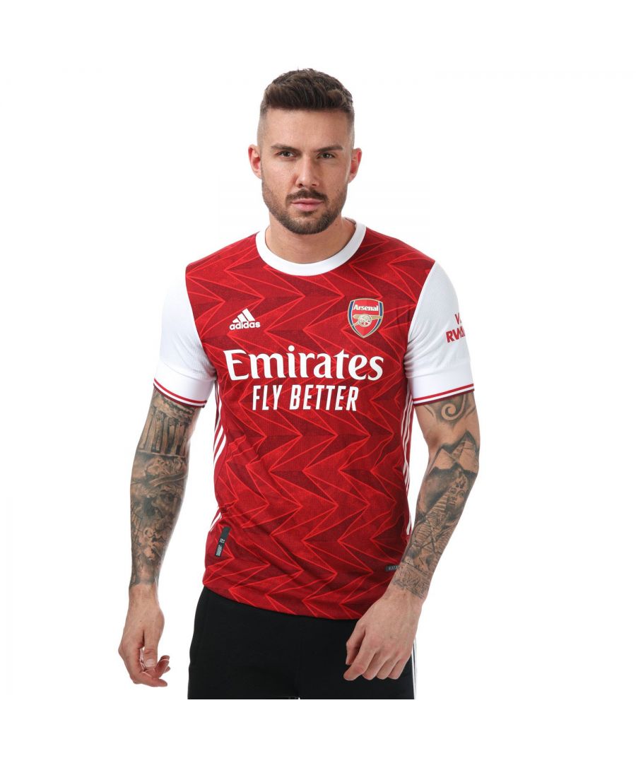 Mens adidas Arsenal 20-21 Home Authentic Jersey in red white.- Ribbed crewneck.- Short sleeves.- Soft  breathable fabric.- Breathable  air-cooling HEAT.RDY.- Shaped hem.- Heat-applied Arsenal crest.- Doubleknit.- Regular fit.- Main Material: 100% Polyester. Machine washable.- Ref: FH7815