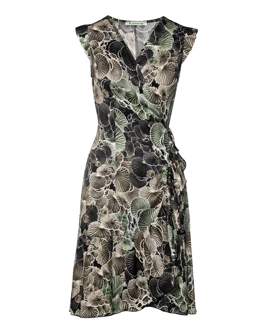 Summer wrap dress in floral woven fabric in khaki shades. V neckline and cap ruffle sleeves. This wrap dress has a tie on the left which threads through a hole on the right and ties with the right tie at the side or at the back. A ruffle throughout the hem of about 15cm. Measurements for size 36/S (in cm):Shoulder width-33, Bust-42, Waist-42,  Hemline-70, Body length-95/100. 100%polyester