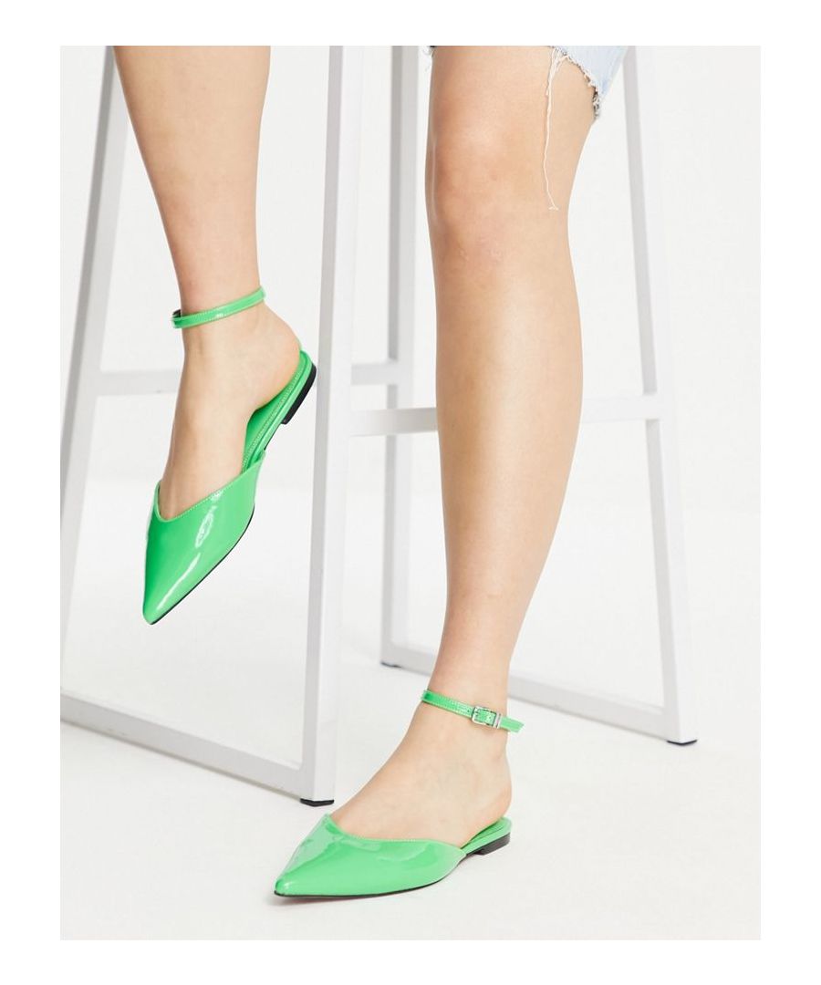 Shoes by ASOS DESIGN Love at first scroll Adjustable ankle strap Pin-buckle fastening Pointed toe Flat sole  Sold By: Asos