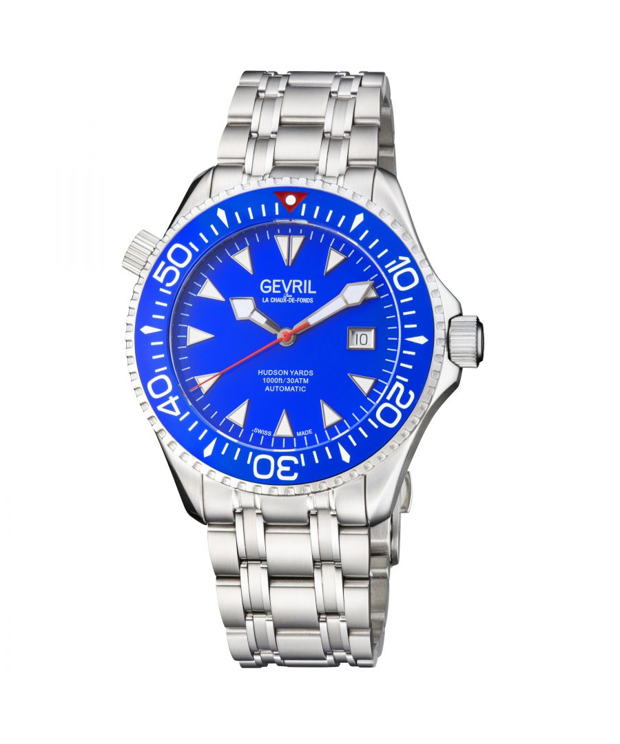 The newest addition to the Divers Collection, Hudson Yards perfectly encapsulates the culture and commerce of Manhattan’s lower west side gated community.  Whether shopping the Yards, dining or diving, the Hudson Yards collection is a winner.  In six unique styles, each timepiece makes a bold statement equally fit for 300 meters below or fine dining above. In classic black or diver blue watch face, gold or silver stainless steel, Hudson Yards is expertly crafted with Gevril’s quintessential automatic Swiss movement. Not only stylish, the collection is water resistant up to 300 meters or 1,000 feet replete with a helium release valve suitable for serious divers.   The train track style bracelet isn’t solely strong form— its function won’t break or bend. In a handsome design including luminous markers and a ceramic rotating bezel, each fortified piece is handcrafted for endurance and showmanship.  Befitting the depths of the ocean or the tables of a Michelin star, Hudson Yards hits the mark.\n\nGevril 48801 Men's Hudson Yards Automatic Watch\n\nGevril Men's Swiss Automatic watch from the Hudson Yards Collection\n43mm Stainless Steel Case Blue Ceramic Bezel, Blue Dial, date at 3 o'clock\nUnidirectional Rotating bezel, Screw down helium release valve, Luminous Markers\nExhibition Case back, Screw Down Crown\n316L Stainless Steel Bracelet with Dive extension Deployment Buckle\nAnti-reflective Sapphire Crystal\nWater Resistant to 1000 Feet/30ATM\nSwiss Automatic 3 Hands, Sellita SW200 Movement