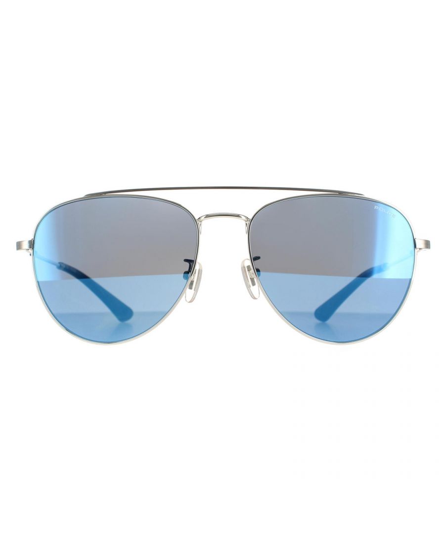 Police Aviator Unisex Silver Blue Mirrored SPL995M Origins Lite 1  Police are a contemporary aviator style crafted from lightweight metal. The top brow bar, adjustable nose pads and plastic temple tips ensure all day comfort. Police's emblem features on the temples for authenticity.