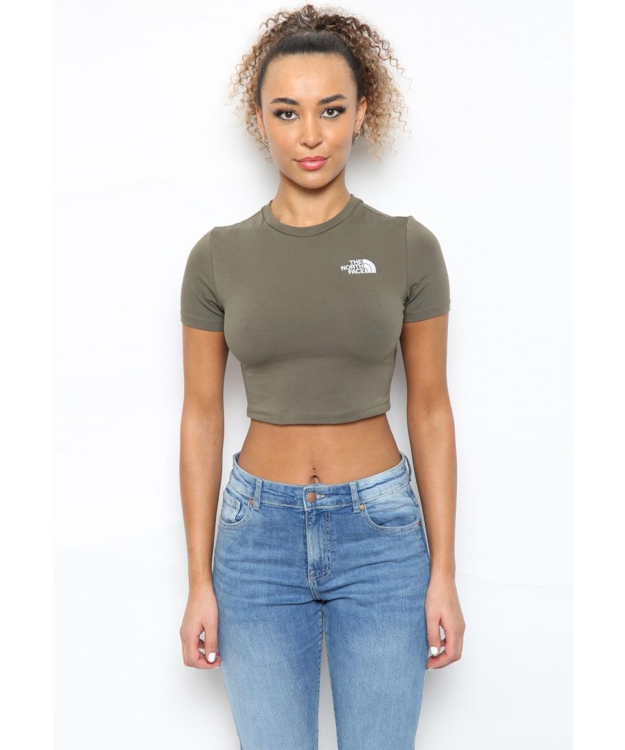 The North Face Womens Cropped T shirt.        \nRibbed collar, Short Sleeve.        \nEmbroidery Logo on the chest and shoulder.        \nCropped Crew Neck Tee.        \nIt's Perfect for Pairing with High-waisted Jeans or Leggings.