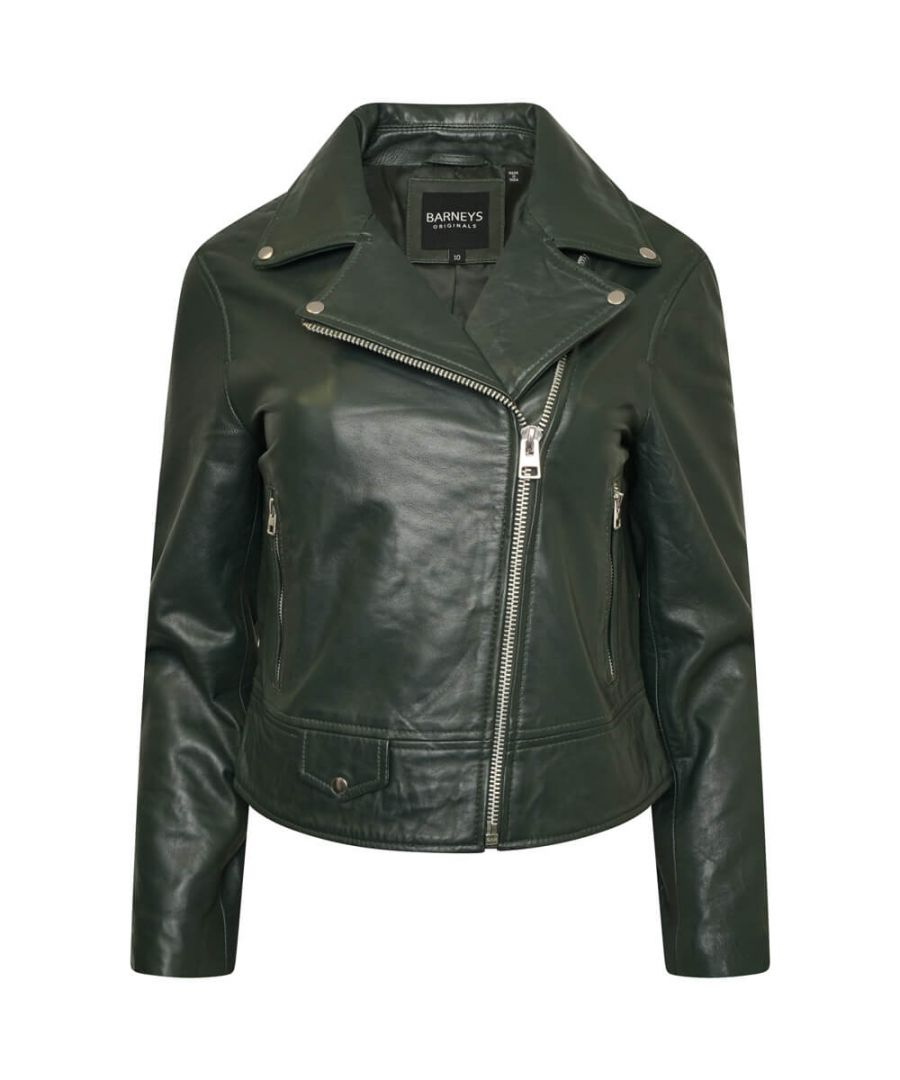 This classic green biker jacket is made from super soft real sheep nappa leather. With a stylish asymmetric zipline and pocket fold detailing, this green leather jacket is suer to add a colourful twist to any outfit. Edgy and durable, this leather biker is a definite must-have.