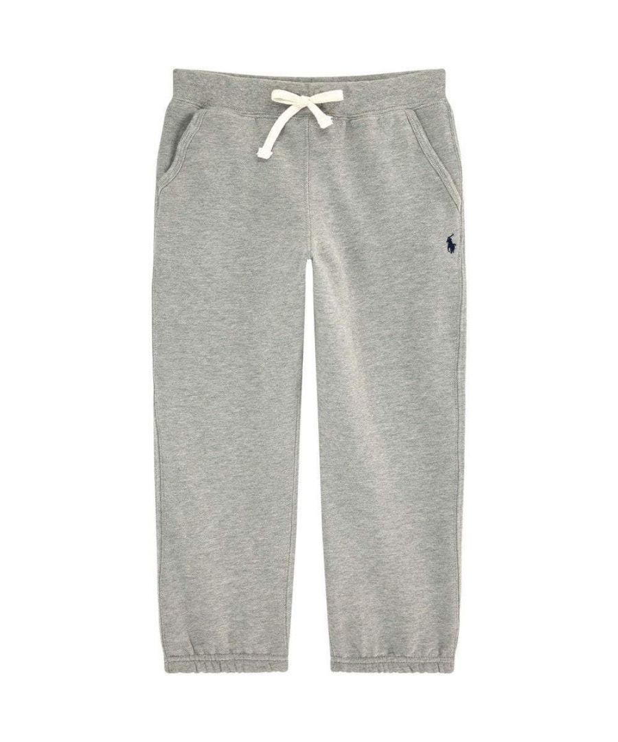 Grey joggers by Polo Ralph Lauren for Kids, features a red pony logo embroidered on the side. Made in soft cotton jersey, they have a warm fleecy inside and a comfortable elasticated waistband.\n\nThe original American designer label with the iconic pony logo. Founded in New York, Ralph Lauren childrenswear is recognised the world over due to its classic, all-American style. Offering timeless fashion pieces for the international market, from t-shirts and polo shirts to tracksuits, outerwear and accessories; the Ralph Lauren kids range boasts the same preppy, sport-inspired look for boys under 16 years.
