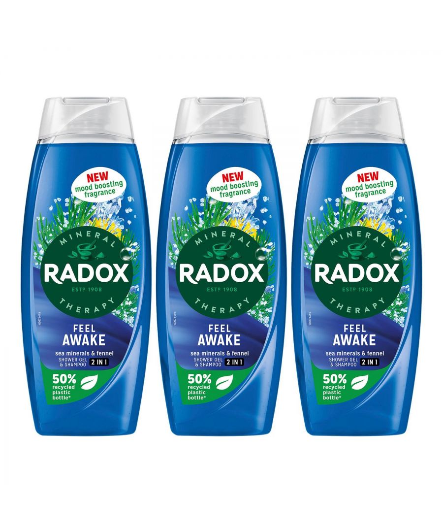 RADOX Mineral Therapy Feel Awake 2-in-1 Shower Gel & Shampoo provides a refreshing shower experience that refreshes your senses\nOur shower gel & shampoo is made with a unique blend of minerals and herbs which activates with hot water to cleanse and refresh you\nFeel the fresh, energizing sea breeze invigorate you with RADOX Feel Awake Shower Gel, infused with a new mood-boosting fragrance of sea minerals and fennel.\n\nOur body wash is suitable for daily use – simply squeeze it out, lather on hair and body, and indulge in a refreshing shower experience\nThis skin cleanser is pH neutral and suitable for all skin types\nRADOX shower gels come in 50% recycled (excluding cap and label), 100% recyclable, and 100% refillable bottles and can be used with the NEW Radox Feel Awake 500 ml Shower Gel Refill Pouch.\n\nHow to use: For best results in the shower, squeeze out the refreshing shower gel and lather on the body.\n\nSafety Warning: Shower Gel & Body and Face Wash & Body Scrubs Avoid contact with eyes. If contact occurs, rinse thoroughly with water.\n\nBox Contain: 3x Radox 2in1 Body Wash & Shampoo, Feel Awake - 450ml