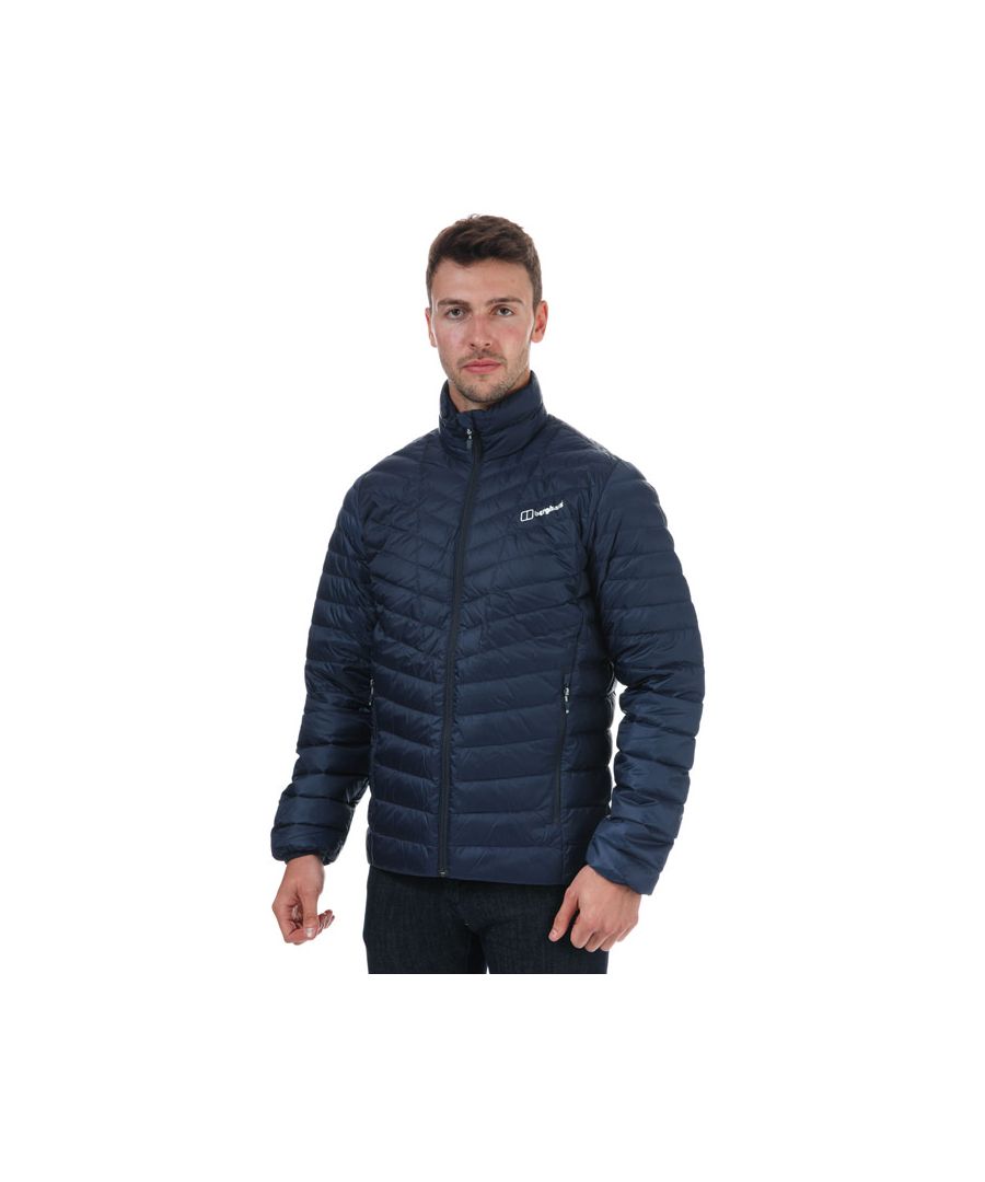 Mens Berghaus Tephra Reflect 2.0 Down Jacket in dark blue.- High neck zip with chin guard.- Hydrodown® Repels moisture. Dries faster. Keeps you warmer.- Super soft taffeta pockets.- Breathable reflect technology.- Lightweight lining.- Stretch binding on the cuffs.- Printed branding.- Fabric: 100% Polyamide. Lining: 100% Polyamide. Insulation: 80% Duck Down  20% Duck Feather. - Ref: 4A000767R14