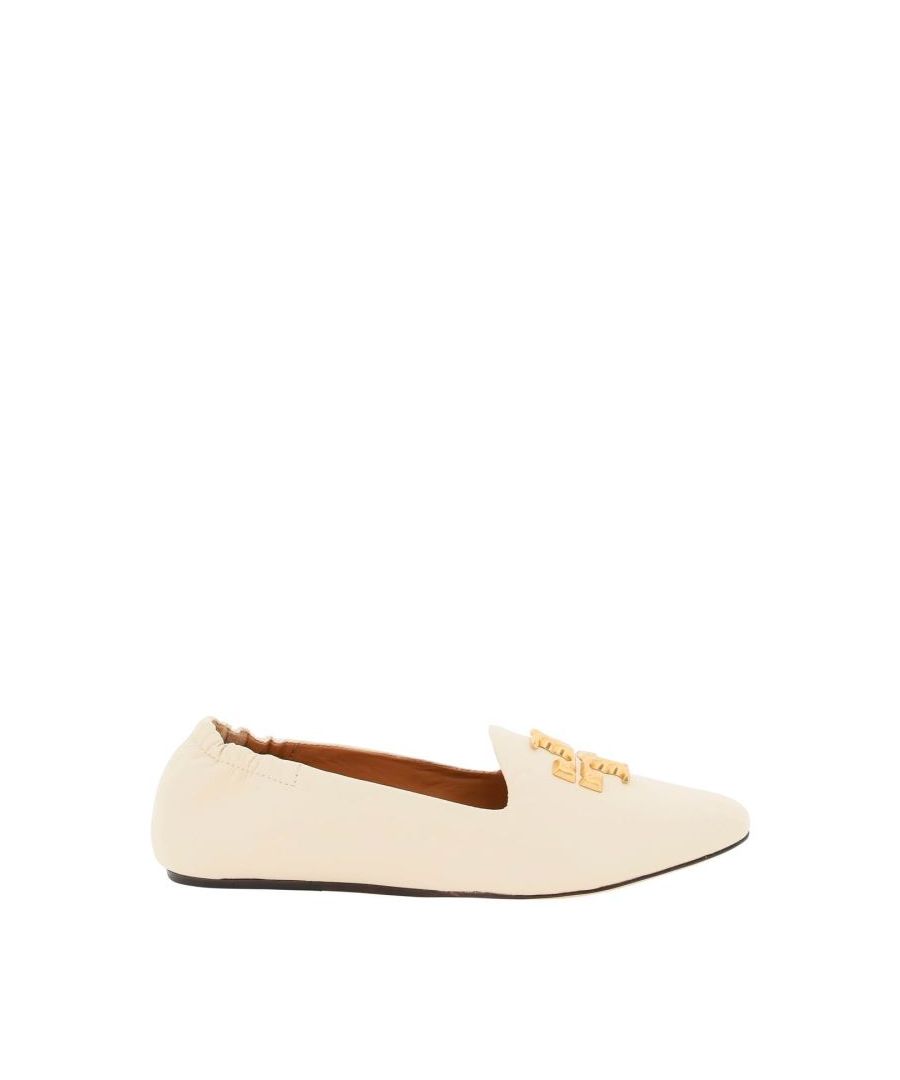 Eleanor loafers by Tory Burch in smooth leather with the double T monogram in gold-finished metal applied on front. Elastic edge on the back, concealed 15 mm heel, leather lining and leather sole with rubber insert.
