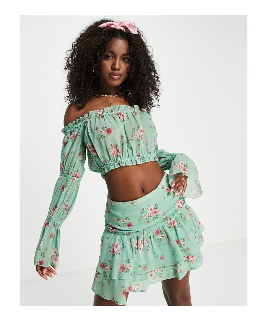 Top by ASOS DESIGN Part of a co-ord set Skirt sold separately Floral print Bardot neck Cropped length Regular fit Sold by Asos