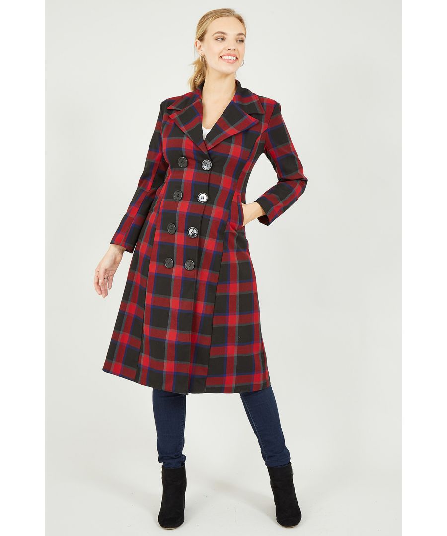 A timeless new season essential, this Yumi Red Checked Fitted Retro Dress Coat is a must-have item. Features a stunning retro inspired red check, double breasted large button fastenings, with a super flattering fitted waist and skirt/dress style finish. Think crunchy leaves, bonfires and pumpkins: perfection.