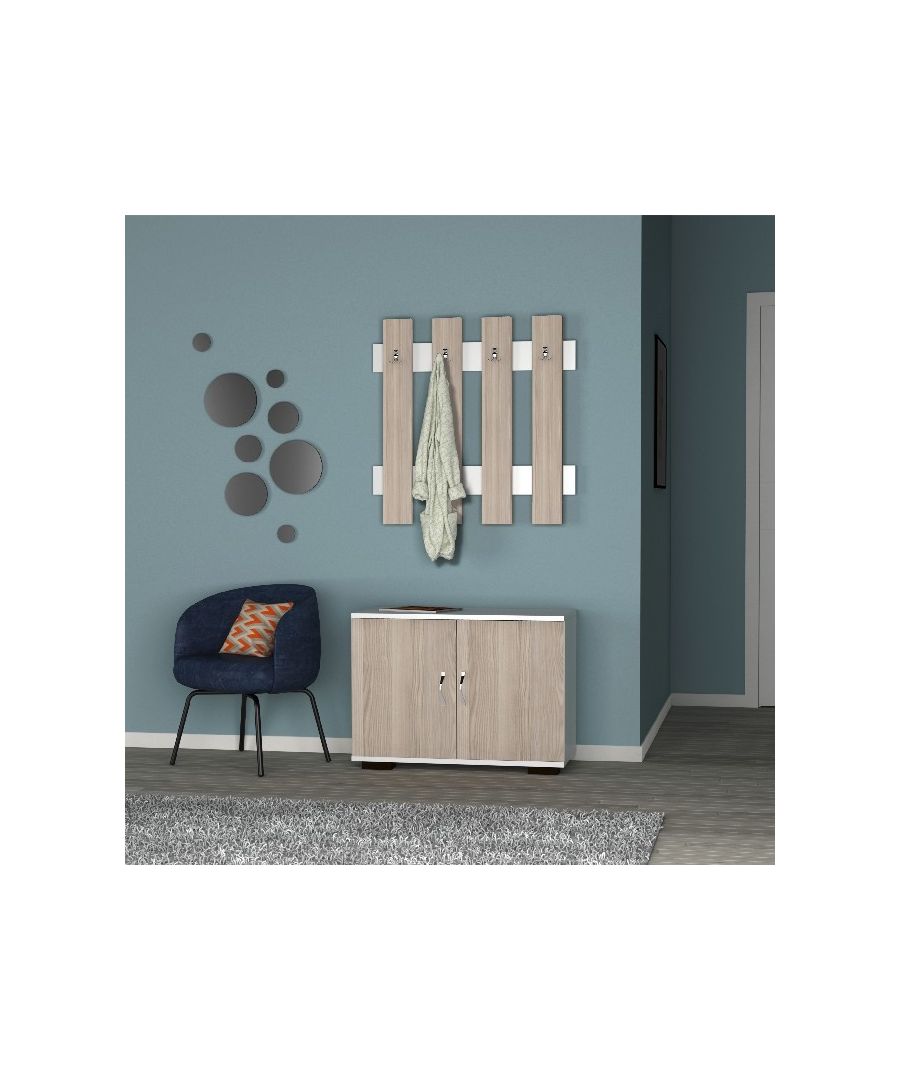 This hall unit, modern and functional, is the perfect solution to keep clothes and various objects in order. Thanks to its design it is ideal for the living area. Assembly kit included, easy to clean and easy to assemble. Color: White,Cordoba | Product Dimensions: 72 x 35 x 129 cm | Material: 18mm Chipboard, Metal Handle and Hooks, Plastic Feet | Product Weight: 22,85 Kg | Supported Weight: 38,00 Kg | Packaging Weight: 23 Kg | Number of Boxes: 1 | Packaging Dimensions: 35,6x76,6x18,3 cm.