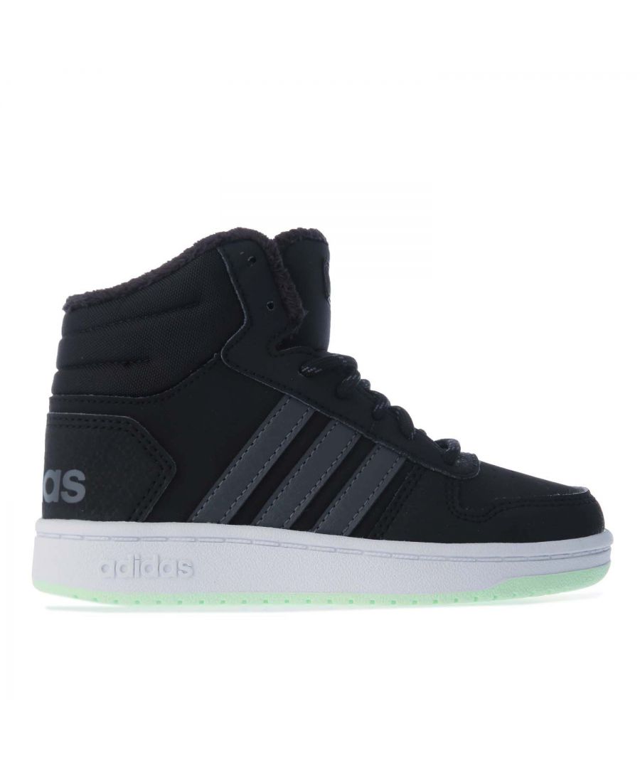 Childrens adidas Hoops Mid 2.0 Trainers in black grey.- Synthetic and Textile upper.- Lace closure.- Mesh collar.- Padded collar and tongue.- 3-Stripes to sides.- Branding to heel and tongue.- EVA sockliner.- Rubber outsole.- Synthetic and textile upper  Textile lining  Synthetic sole.- Ref.: EE6704C