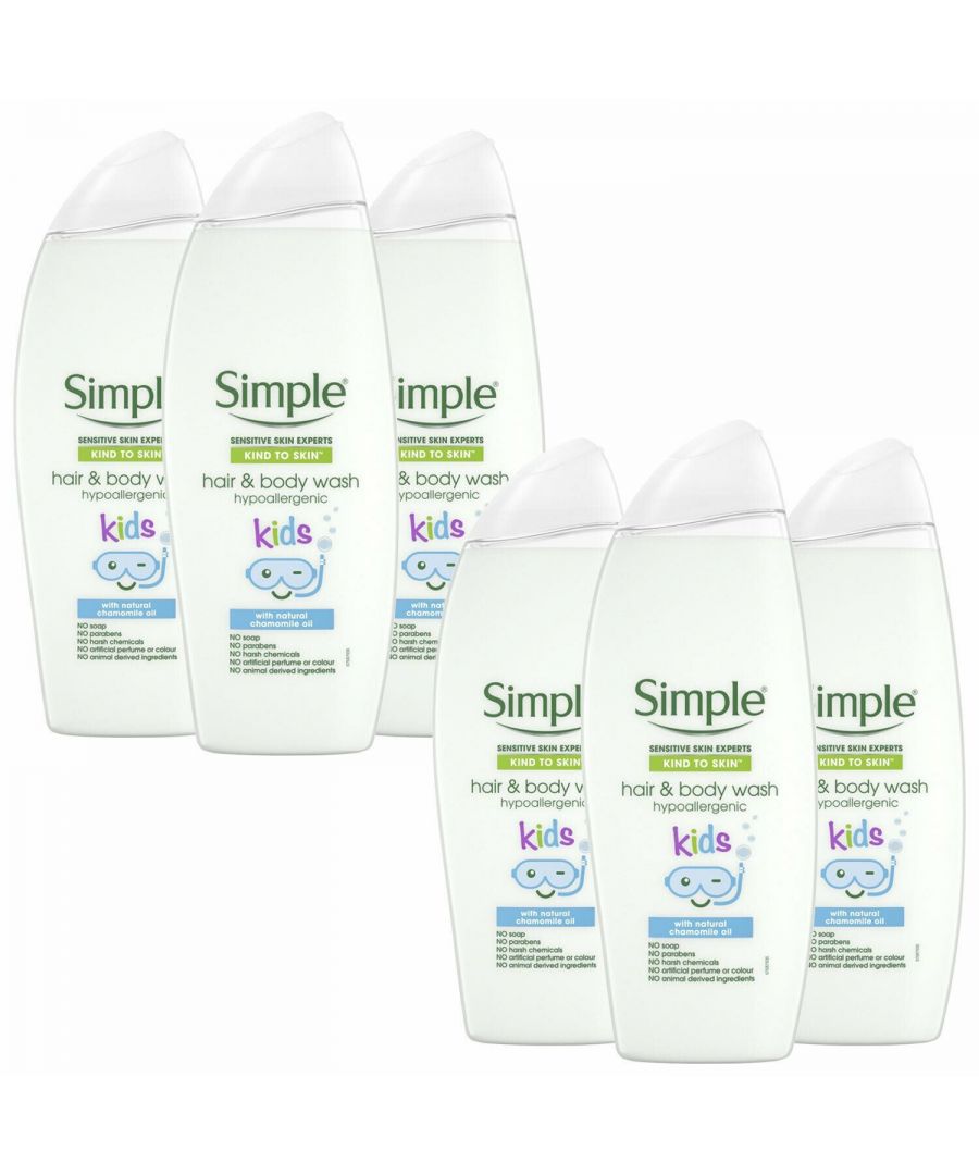 Simple Kind to Skin Kids Hypoallergenic Hair & Body Wash will make your kids jump at the opportunity to have a bath or take a shower. Simple has come up with a gentle formula that will moisturize your kids' skin and leave them feeling refreshed and smelling great all day. This gentle hair and body wash for kids are hypoallergenic, dermatologically tested, and made with simple ingredients: there are no artificial perfumes or colours, no harsh chemicals, no soap, no parabens, and no animal-derived ingredients. What we do add are skin-loving ingredients like moisturizers, natural lavender, and chamomile oils, as well as pro-vitamin B5, and glycerin. This gives you the best moisturizing hair and body wash for kids. We take great care in making sure that we protect your children's sensitive skin and Simple Kind to Skin Hypoallergenic Hair & Body Wash is great for children and adults alike with all different types of skin.\n\nFeatures:\n\nSimple Kind to Skin Kids Hypoallergenic Hair & Body Wash gently yet effectively cleanses and soothes your kid's hair and body.\nThis body wash and shampoo for kids is enriched with moisturizers, natural lavender and chamomile oils, pro-vitamin B5, and glycerin.\nThis 2 in 1 hypoallergenic shower gel and hair care product for kids has a gentle and dermatologically tested formula.\nPerfect for your child's sensitive skin, this body washes and shampoo was designed by sensitive skin experts and is loved by all skin types.\n\nIngredients: Aqua, Sodium Laureth Sulfate, Glycerin, Cocamidopropyl Betaine, Sodium Chloride, PEG-80 Sorbitan Laurate, Anthemis Nobilis Flower Oil, Benzoic Acid, Citric Acid, Coco-glucoside, Disodium Cocoamphodiacetate, Lavandula Angustifolia Oil, Panthenol, Pantolactone, Sodium Benzoate, Sodium Cocoamphodiacetate, Styrene/Acrylates Copolymer, Tetrasodium EDTA\n\nSafety Warning: for external use only. Avoid getting into your eyes.\n\nBox Contains: 6x Simple Kids Hair & Body Wash, 500ml