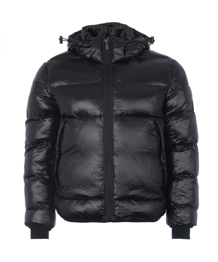 Inspired by the \'90s this Puffer Jacket from BOSS  is the perfect piece to elevate your outerwear and stay warm this season with standout style. Crafted from a crinkled nylon shell with a glossy sheen that has been garment dyed creating a unique leather look effect and is filled with high tech lightweight recycled polyester. Featuring a removable drawcord hood, full zip closure, front zip pockets, rib-knit storm cuffs and an adjustable drawcord hem. Finished with subtle BOSS branding and signature logo badge at the left sleeve.Regular Fit, Garment Dyed Crinkled Nylon Shell, Recycled Polyester Fill, Removable Drawcord Hood, Full Zip Closure, Twin Front Zip Pockets, Interior Welt Pocket, Adjustable Drawcord Hem, Rib-Knit Storm Cuffs, BOSS Branding. Style & Fit:Regular Fit, Fits True to Size. Composition & Care:Shell: 100% Polyamide, Fill: 100% Recycled Polyester, Professional Wet Clean.
