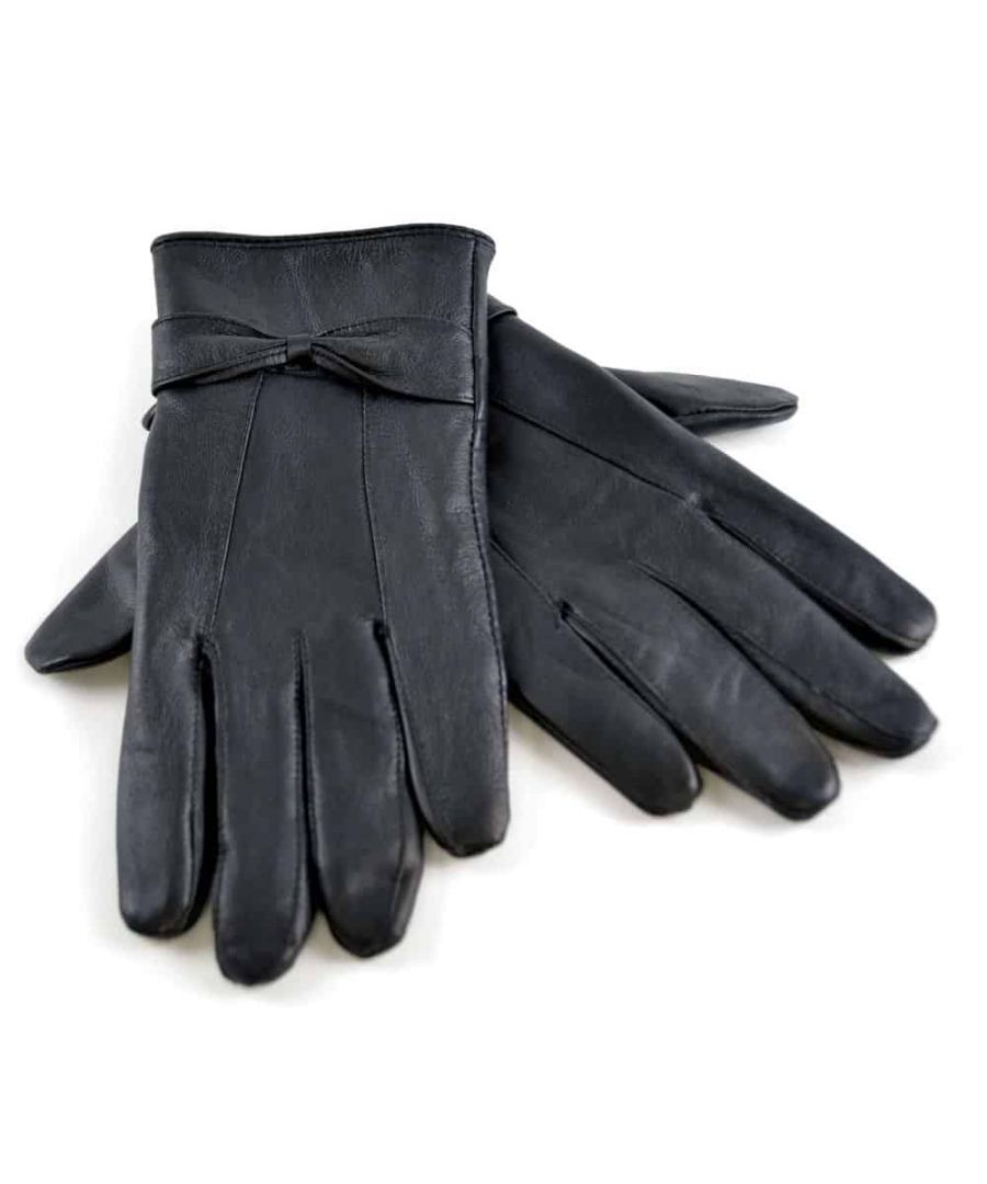 Ladies Leather Gloves  A pair of stylish leather Gloves can be a great addition to any outfit when the winter hits, these ladies leather Gloves will do just that whilst keeping your hands warm.  The outer shell of these ladies black leather Gloves are made from sheepskin whilst the inner is made from 100% polyester to give the Gloves more durability and to help hold the heat close to your hands. The Gloves also have a bow stitched on the front.  These Gloves are available in 2 sizes including S/M and M/L and are currently available in jet black. They are made from sheepskin leather and polyester and they are safely machine washable.  Extra Product Details  * Ladies leather Gloves * Jet black * Sheepskin leather * 100% polyester inner * Lovely bow on the front * Available in S/M and M/L  * Machine washable