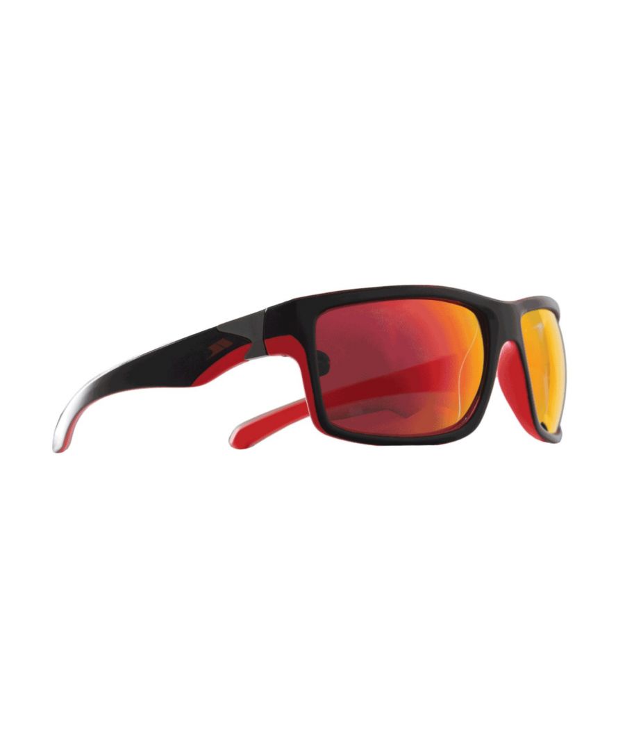 Trespass branded sunglasses. UV 400 protection. Conforms to EN ISO 12312-1:2013. Polycarbonate frame with gun metal temple. Polarized lens with mirror coating. Category 3 lens. Cleaning cloth bag.