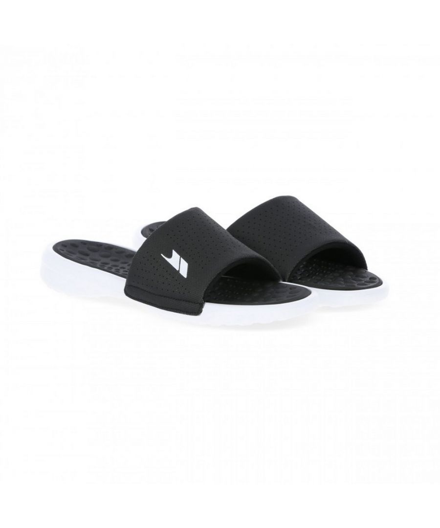 Boven: textiel, Tong: EVA. Supercomfortabele tweekleurige sandaal met een gedempte voorgevormde EVA-voetbed. Voorzien van een bovenzijde van textielgaas met Trespass-logo.