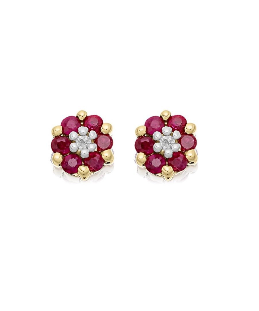 Just 5mm, but perfect little flowers, with a diamond accent in the centre (2pts total diamond weight), surrounded by six red rubies. Little but very eye-catching, and an excellent price. Metal Type: Yellow Gold Metal Stamp: 9 ct (375) Gem Type 1: Diamond Gem Type 2: Ruby
