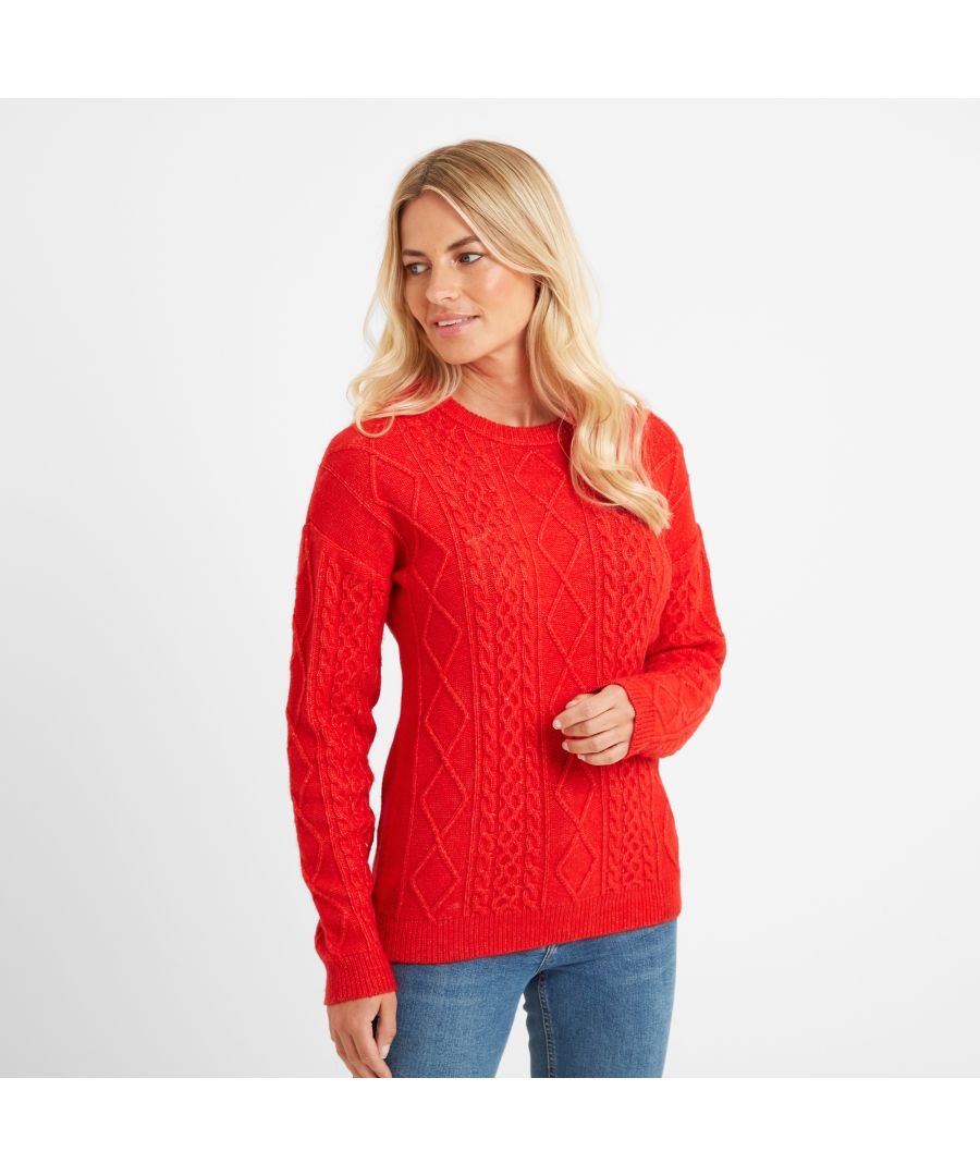 Beautifully textured and wonderfully warm, our Shania cable knit jumper for women will see you through the seasons. The crew-shaped neckline and dropped shoulder silhouette give this cosy pullover a casual look and feel. The charming cable knit pattern across the body and sleeves brings traditional styling up to date. Design details include a ribbed hem and cuffs for a close fit that will keep you warm on colder days. Perfect weekend wear for walking the dog or strolling around town, Shania is finished with our signature TOG24 small woven label sewn into the side seam.