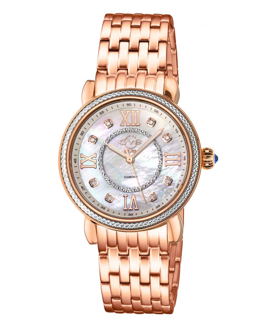 GV2 9863B Women's Marsala Swiss Quartz Diamond Watch\nGV2 Women's Swiss Quartz Watch from the Marsala Collection\n37mm IP Rose Gold Case, Diamond Cut Bezel\nWhite MOP Dial with 8 Diamonds\nPush Pull Fluted Crown with Blue Cabochon Stone\nIP Rose Gold Bracelet With Deployment Buckle\nAnti-reflective Sapphire Crystal\nWater Resistant to 50 Meters/5ATM\nSwiss Quartz Movement Ronda 763