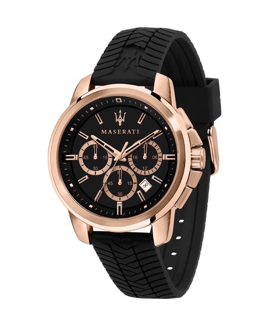 Stijlvol heren horloge van het merk Maserati. Het horloge heeft een polsbandje dat ook kleiner gemaakt kan worden, de kast heeft een diameter van 44 mm en het uurwerk is van Quartz.  Merk: MaseratiModelnaam: R8871621012 (44mm)Categorie: heren horlogeMaterialen: edelstaal, silicoonKleur: zwart, rosegoud