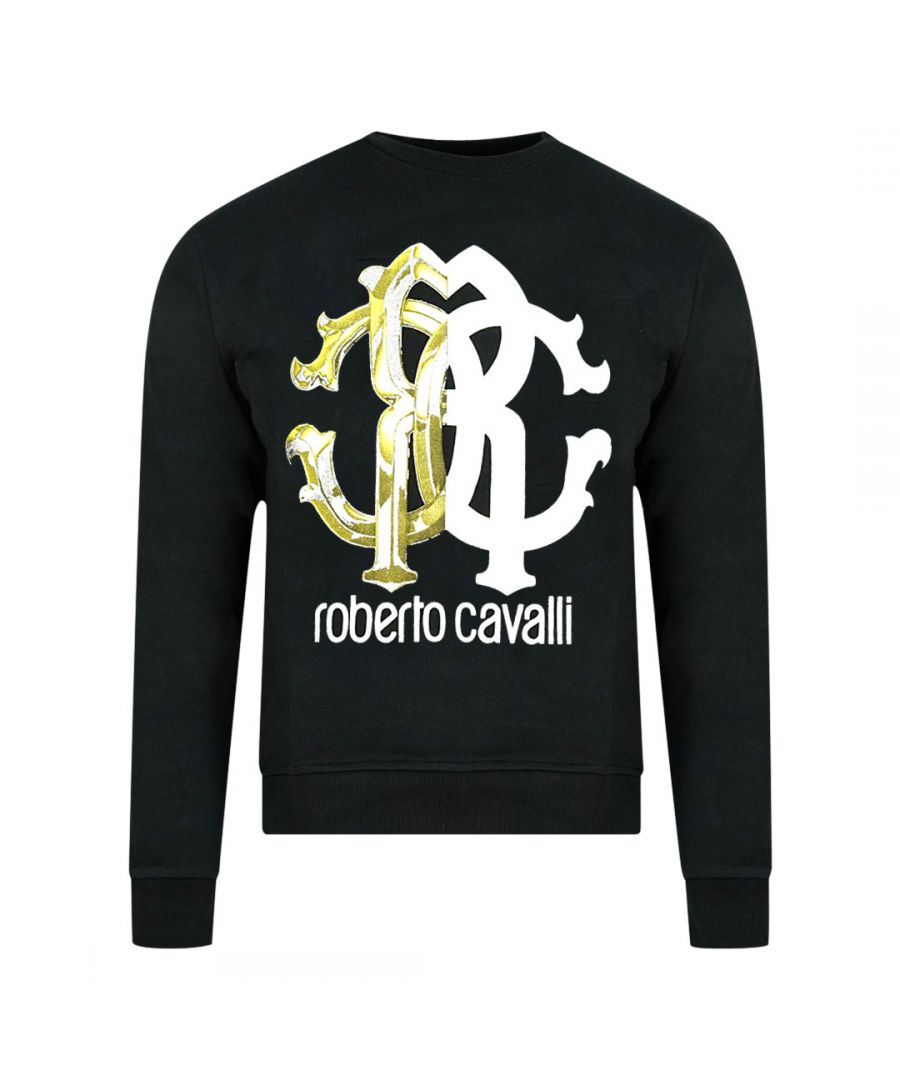 Zwart sweatshirt met monogramprint van Roberto Cavalli. Roberto Cavalli zwarte trui met ronde hals. Roberto Cavalli-branding. 100% katoen. Geribbelde mouw- en taille-uiteinden. Stijl: IST68G CF050 D7121