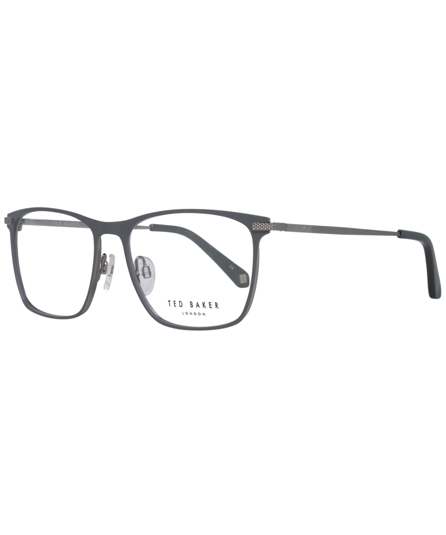Ted Baker Rectangular Mens Gunmetal TB4276 Bower  Glasses are a modern rectangular style crafted from lightweight metal. The soft nose pads and plastic temple tips provide comfort for all day use. Ted Baker's logo is embedded into the slender temples for authenticity.