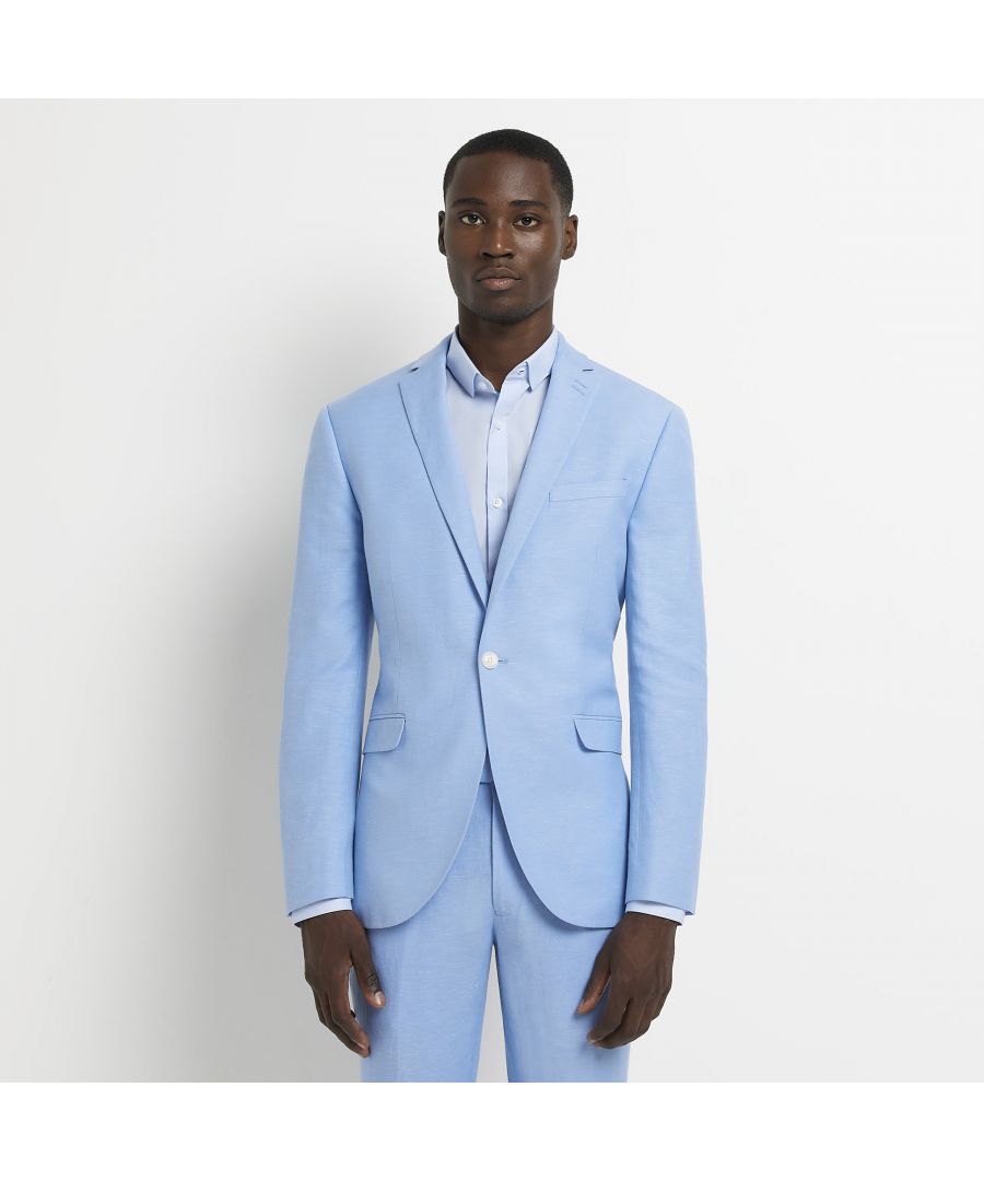 > Brand: River Island> Department: Men> Type: Suit Jacket> Style: 2 Piece> Material Composition: 56% Linen 30% Polyester 14% Viscose> Material: Linen> Size Type: Regular> Fit: Extra-Slim> Pattern: No Pattern> Occasion: Formal> Season: SS22> Jacket/Coat Length: Regular> Jacket Cut: Single-Breasted> Jacket Front Button Style: One-Button> Jacket Lapel Style: Notch
