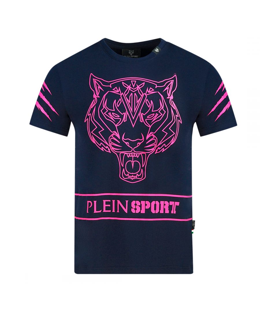 Plein Sport Tiger Scratch Navy Blue T-Shirt. Philipp Plein Sport Navy Blue Tee. Stretch Fit 95% Cotton, 5% Elastane. Made In Italy. Plein Branded Logo. Style Code: TIPS102IT 85