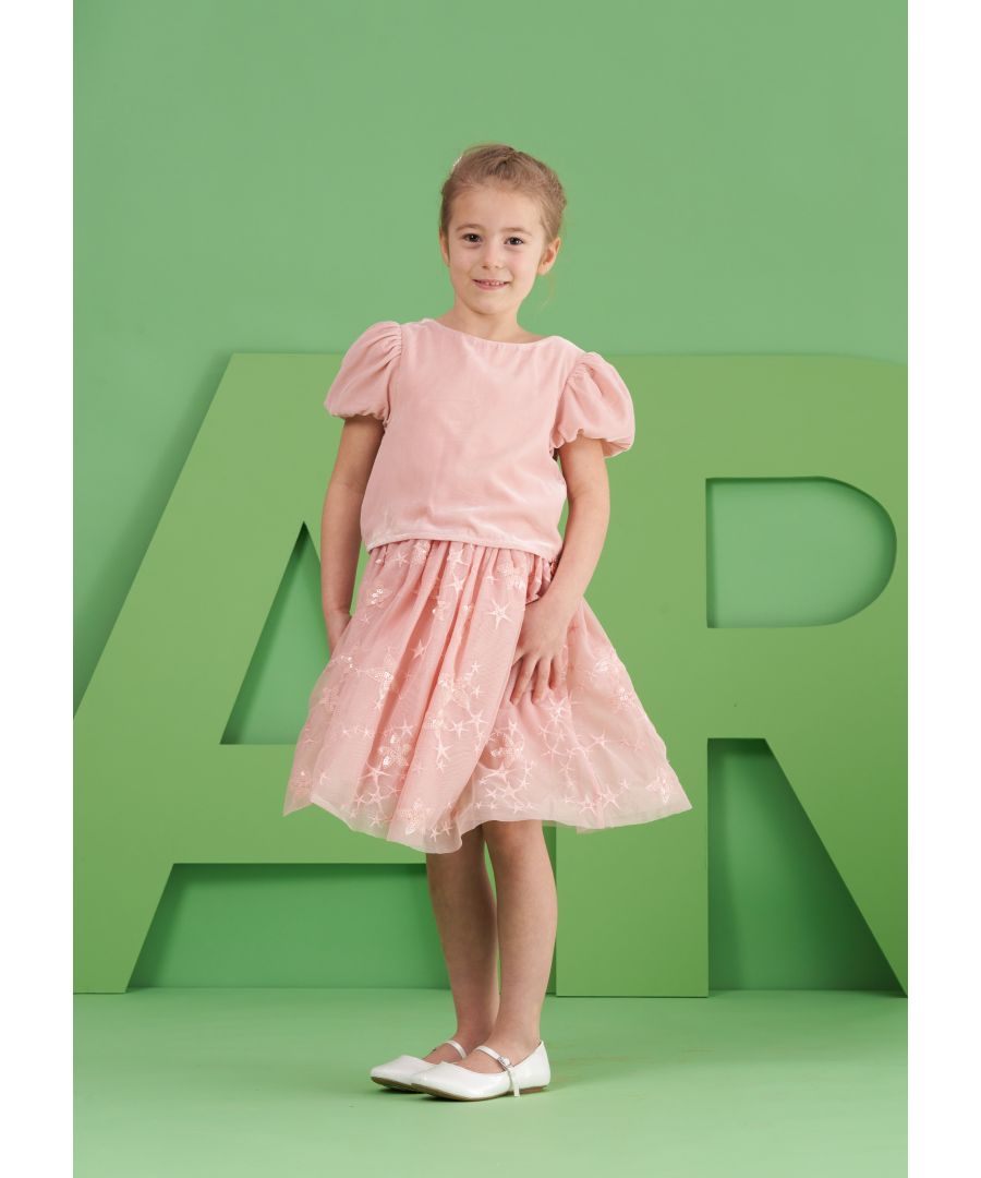 Dress of dreams! Rich velvet puff sleeve bodice. Layers of tulle embellished with sequins and embroidery. It is the ultimate party dress.    Angel & Rocket cares - made with recycled polyester    Pink   About me: 100% Polyester    Look after me: Think planet  wash at 30c