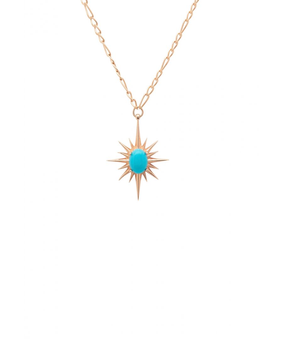 Design:\nThis chic sunburst necklace will add a pop of colour to any outfit. Set with central turquoise stone the suns rays have been left as highly polished metallic spikes suspended on a Figaro chain. This piece is perfect for those who adore colourful jewellery. \nThe sunburst is an ancient pagan symbol, here meaning life everlasting.\nLobster clasp fastening.\nMaterials:\n925 sterling silver, dipped in 22ct rosegold. Turquoise.\nStyle Notes:\nEveryday chic styling\nDimensions:\nStarburst motif: L. 3cm W. 2.2cm. Length 48cm.\nPackaging:\nThis item is presented in Latelita London signature packaging\nCare Instructions:\nTo maintain your jewellery, wipe gently with a damp cloth that is soft and clean. Do not soak in water. Avoid contact with soaps, detergents, perfume or hair spray.
