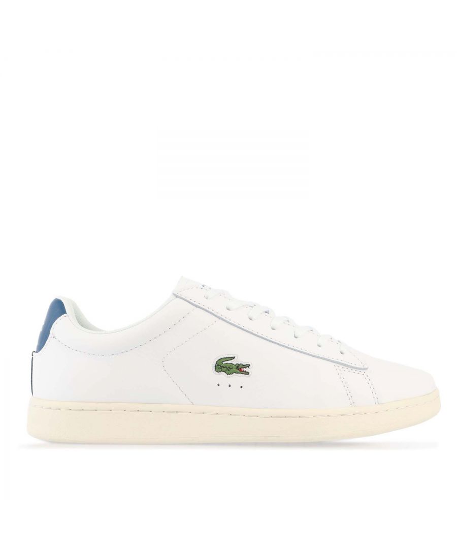 Mens Lacoste Carnaby Leather Accent Heel Trainers in white - dark blue.- Premium leather upper.- Lace up fastening with comfortable flat laces.- Padded collar and tongue.- Piqué-inspired mesh lining.- Removable Ortholite sockliner for comfort and odour control.- Rubber cupsole with stitching.- Lacoste lettered branding at tongue.- Contrast heel patch with printed crocodile.- Embroidered crocodile to side.- Leather upper  Textile lining  Synthetic sole.- Ref: 7-43SMA0017X96