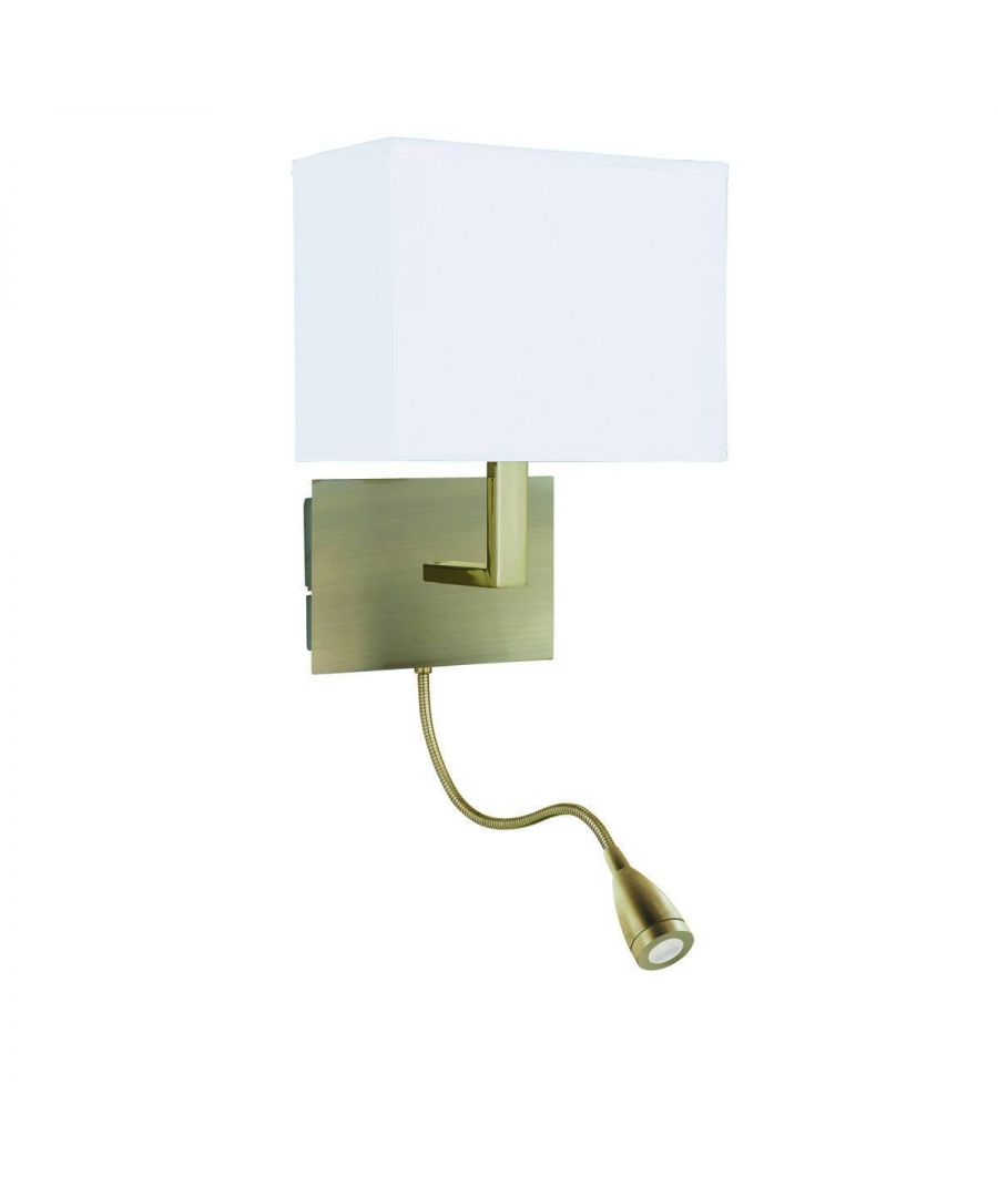 This wall light is an antique brass wall light complete with a shade. Complete with a flexi arm LED energy saving reading light. Switched for your comfort. It is a perfect blend of style and strong illumination. | Finish: Antique Brass | Material: Fabric Shade | IP Rating: IP20 | Height (cm): 25 | Width (cm): 20 | Projection: 27 | No. of Lights: 1 | Lamp Type: E27 | Switched: Yes | Wattage (max): 60 | Weight (kg): 0.8 | Class: 1 (Earthed)
