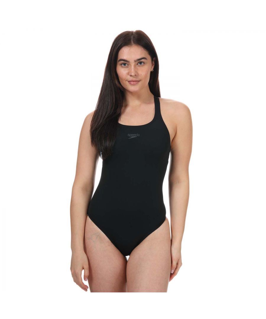Womens Speedo Essential Kickback Swimsuit in black.Sporty and durable swimsuit  ideal for regular swimming and fitness training.- Endurance + fabric dries faster  is 100% chlorine resistant  and designed to last longer.- Scoop neck.- Kickback style offers flattering coverage and extra support.- Light bust support for extra comfort and confidence.- Body: 53% Polyester  47% PBT Polyester.  Lining: 100% Polyester.  Machine washable.- Ref: 8-123330001Please note that returns will only be accepted if the hygiene label is still attached to the product.