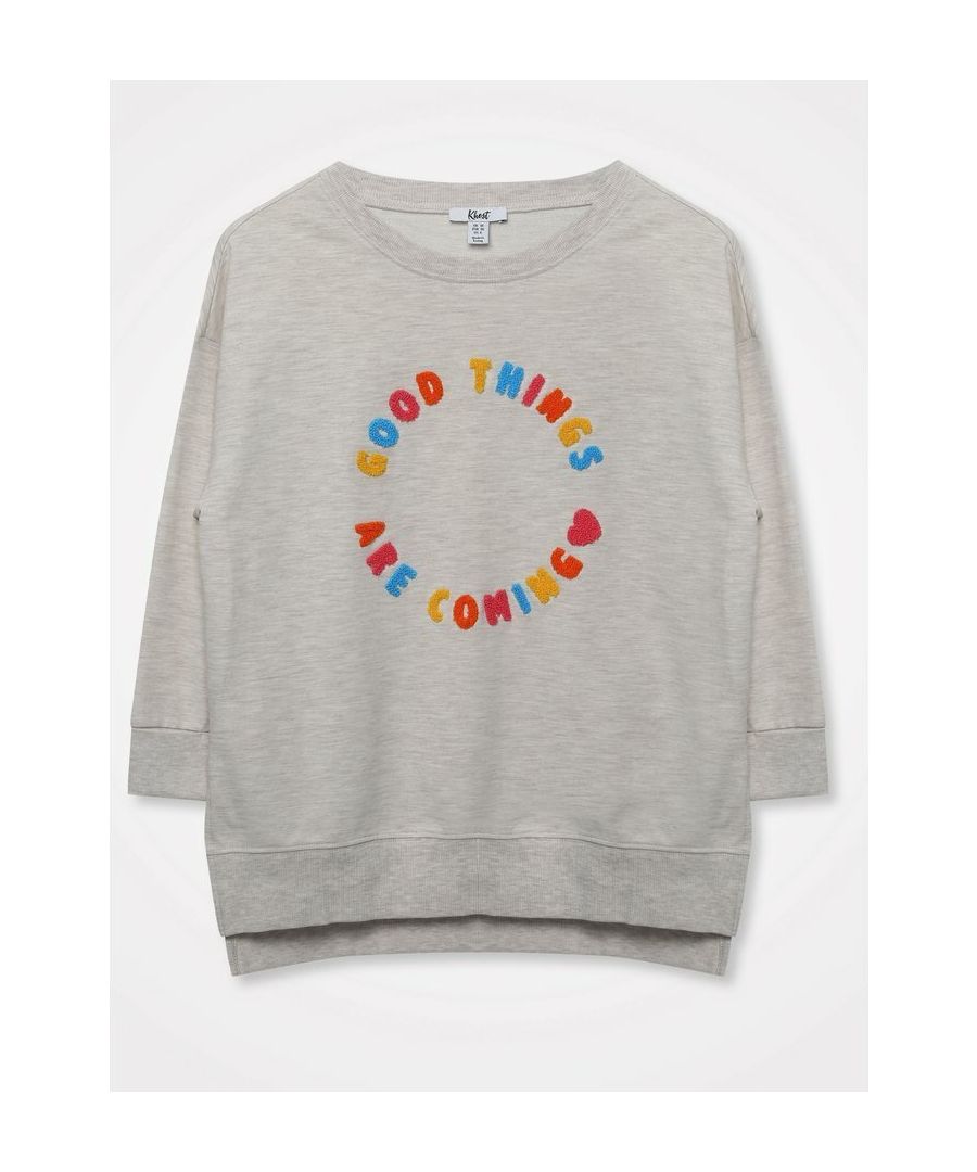 This sweatshirt from Khost Clothing features a crew neckline, ¾ length sleeves, side splits and ‘Good Things Are Coming’ slogan on the front.