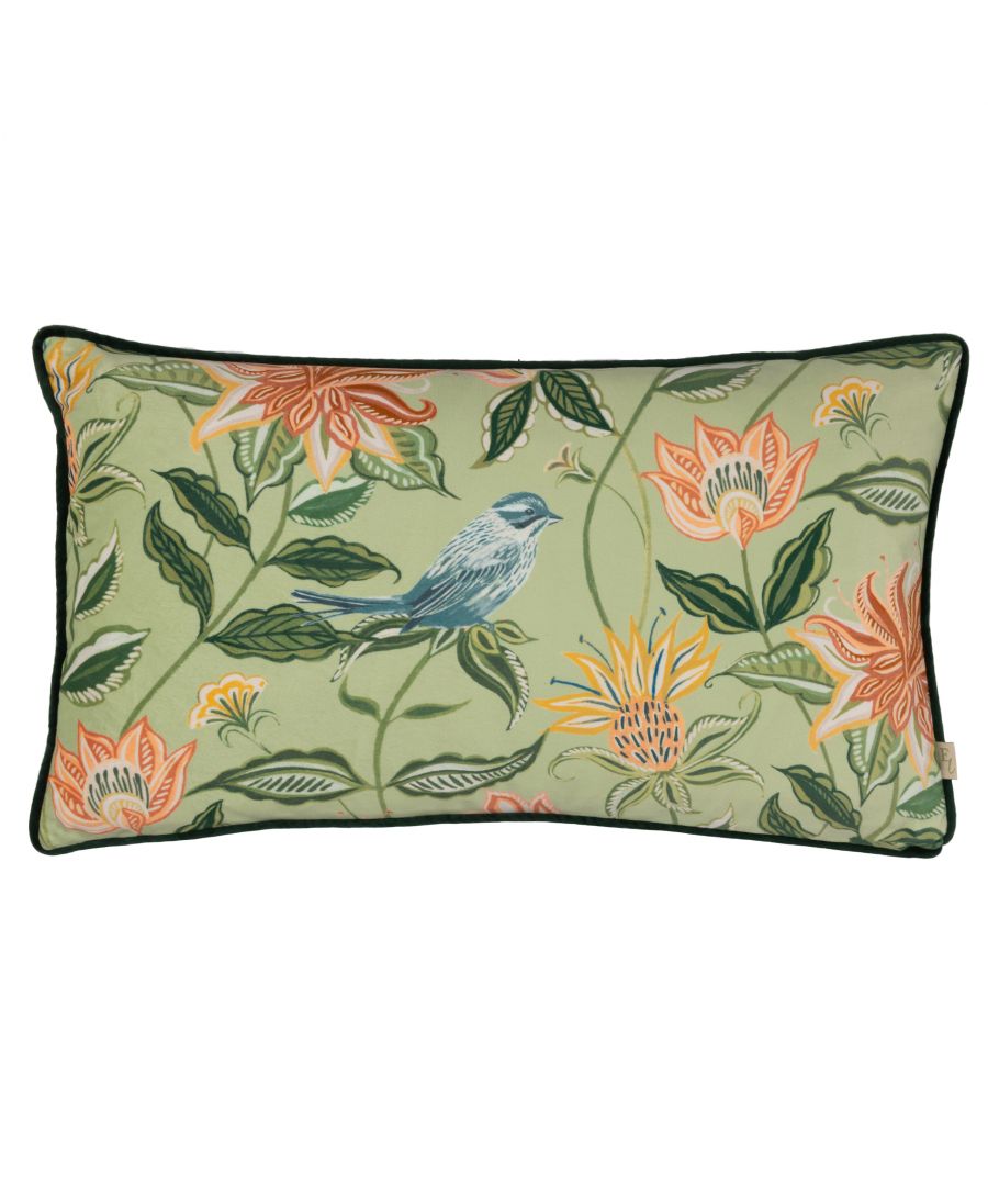 Enjoy nature with the beautiful Chatsworth Aviary cushion. This wonderfully printed design features a female Reed Bunting in glorious hand painted detail, perched amongst soft country toned florals set against a lively earthy background. Printed on soft, opulent velvet, accompanied by a piped trim, plain velvet reverse and zip fastening. Ideal for adding a touch of nature to your home.