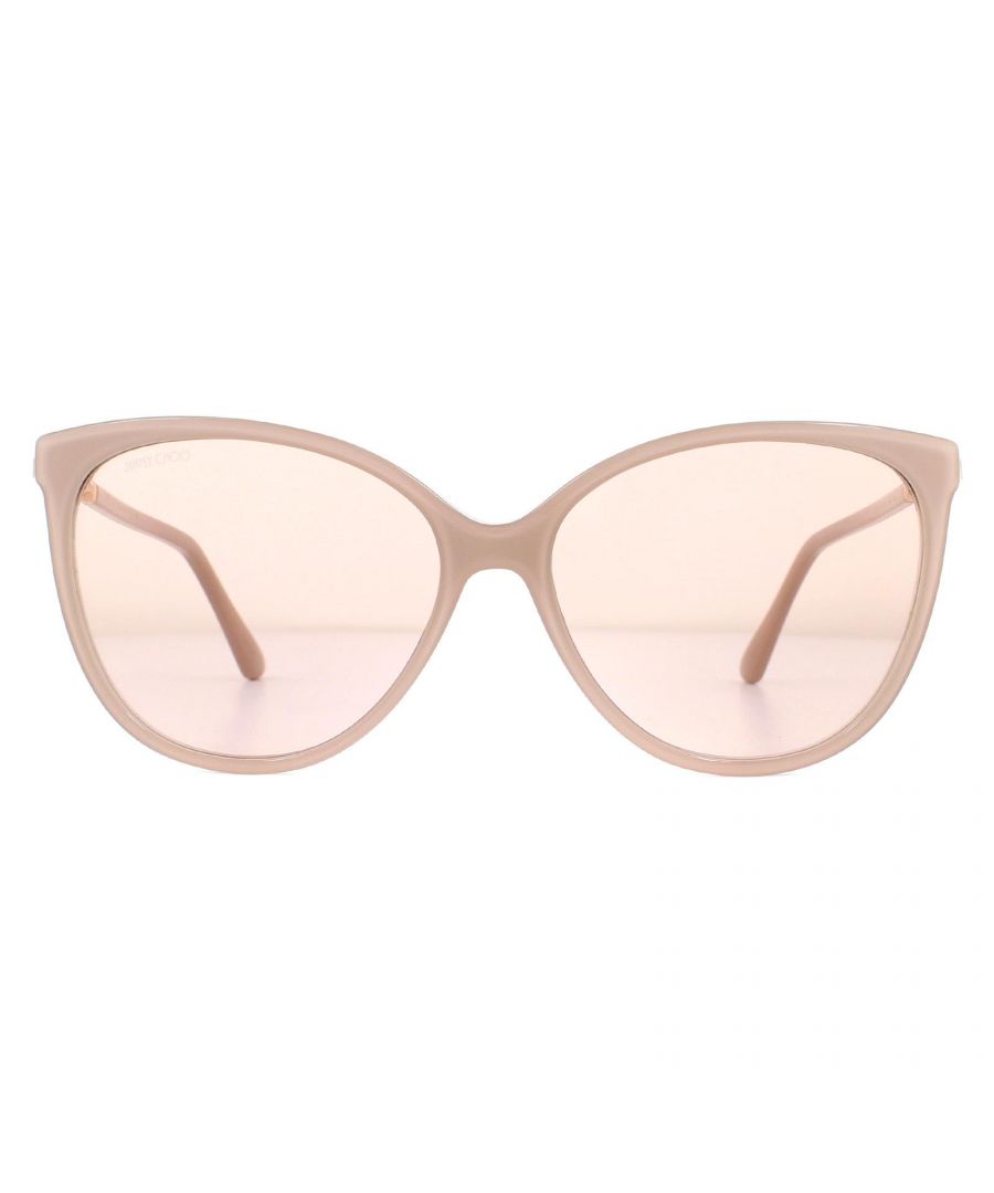 Jimmy Choo Sunglasses Lissa/S KON K1 Nude Glitter Gold Mirror are a cat eye style crafted from lightweight acetate. The hinges feature a metal glittery section and are finished with the Jimmy Choo logo engraved into the temples.