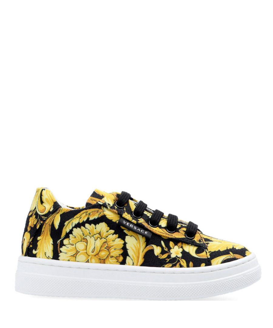 These Versace Unisex Barocco Print Sneakers in Gold are resting on a white rubber sole, this lace-up pair is enriched by the iconic Barocco motif.\n\nBarocco print sneakers\nWhite rubber sole\nLace up fastening
