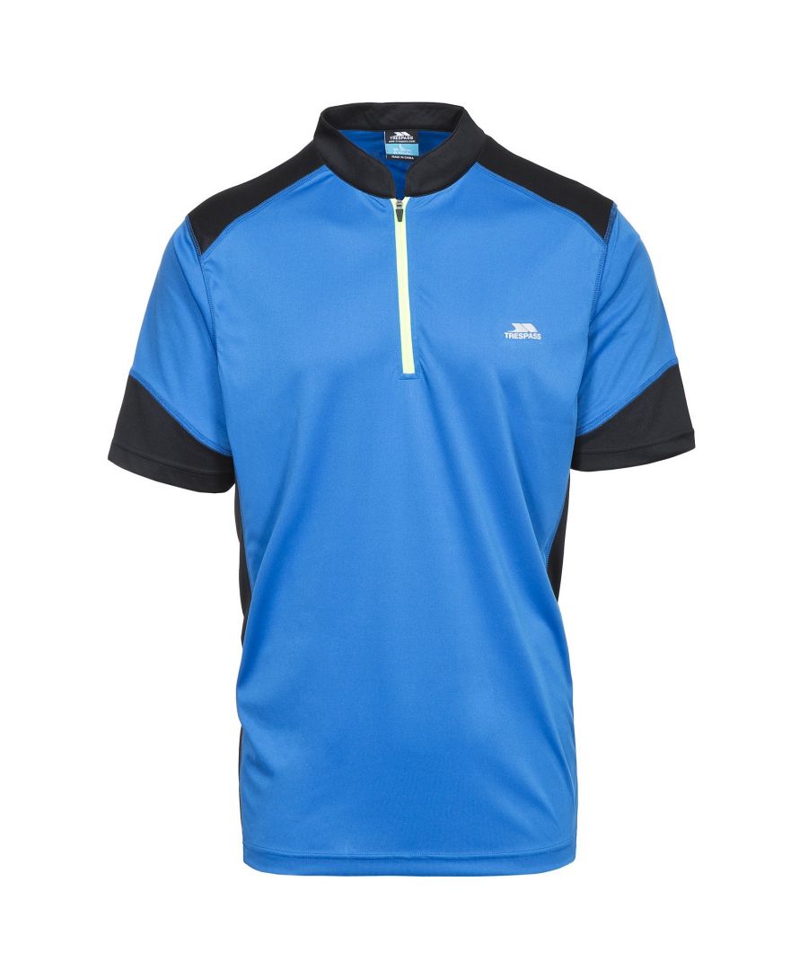 Quick Dry. Short Sleeves. 1/2 Zip Neck. 3 Part Rear Pocket. Dipped Hem. Contrast Panels. Reflective Prints and Logos. 100% Polyester. Trespass Mens Chest Sizing (approx): S - 35-37in/89-94cm, M - 38-40in/96.5-101.5cm, L - 41-43in/104-109cm, XL - 44-46in/111.5-117cm, XXL - 46-48in/117-122cm, 3XL - 48-50in/122-127cm.