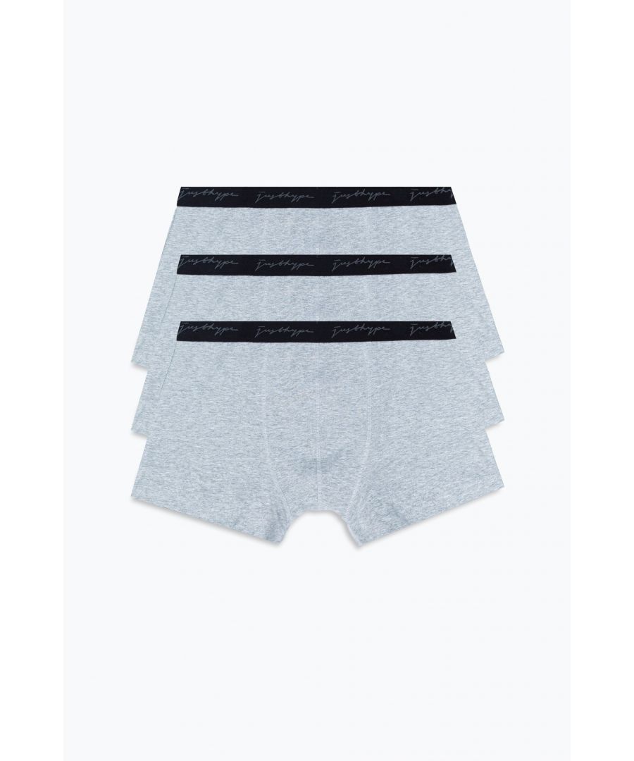 Everyday starts with a comfy pair of boxers to build your outfit. The HYPE. grey men's trunk boxers underwear set, comes in a 3 pack. The design features a monochrome colour palette in a 95% soft cotton fabric base with 5% elastane. With an elasticated embossed waistband to ensure the perfect fit. Available in sizes XS to XL. Machine wash at 30 degrees.