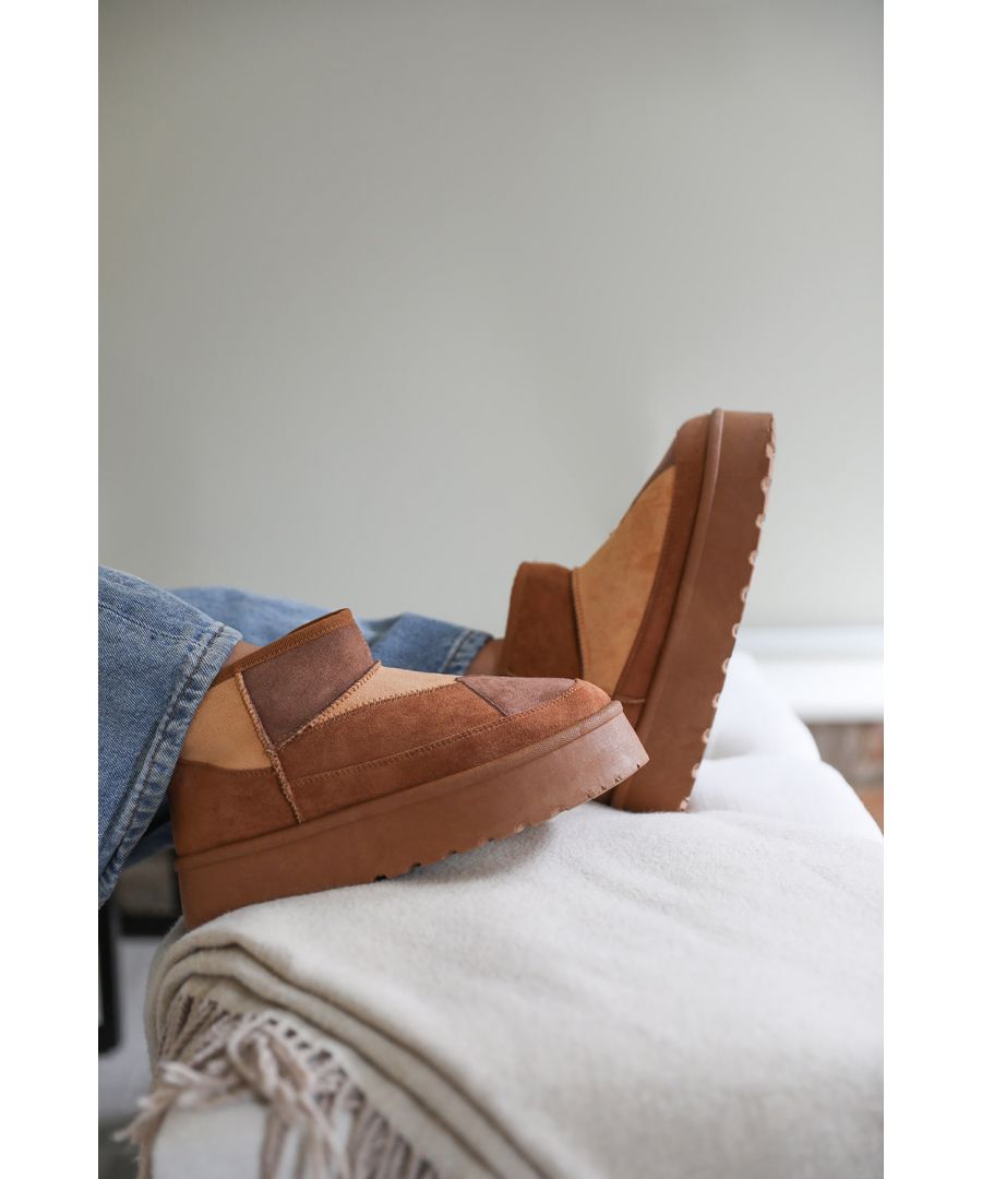 Where's That From Wheres Womens 'Mango' Flatform Patchwork Faux Fur Lining Ankle Boot - Chestnut - Size UK 8