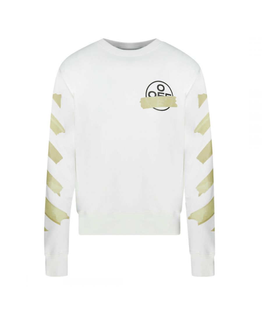 Off-White Tape Logo White Sweatshirt. Off-White White Jumper. Tape Design On Arms and Back. Elasticated Sleeve and Hem Endings. 100% Cotton, Made In Portugal. Style Code: OMBA025R20E300020148
