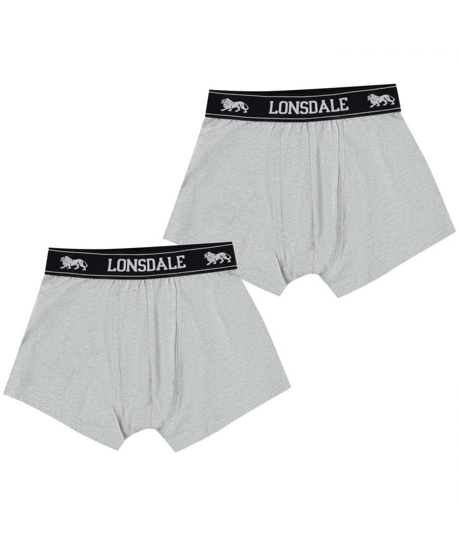 Lonsdale 2 Pack Trunk Junior Boys - The Lonsdale 2 Pack Trunk offer a comfortable fit thanks to the elasticated waistband, coupled with flatlock seams to reduce the chance of irritation. These kids boxers also benefit from a stretch construction that follows the natural contours of the body for a close and secure fit - finished with Lonsdale branding for a sporty cool look. > Boxers > 2 pairs > Elasticated waistband > Trunk design > Stretch construction > Flatlock seams > Regular fit > True to size > Lonsdale branding > 95% Cotton / 5% Lycra elastane > Machine washable > Keep away from fire